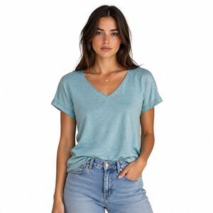 J Jill Shirt Womens XS Blue Linen V Neck Short Sleeve Love Linen Crochet Top